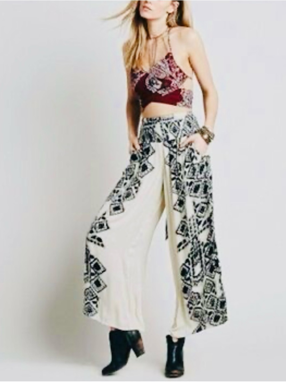 Free People Cream Wide-Leg Pants with Black Aztec Border